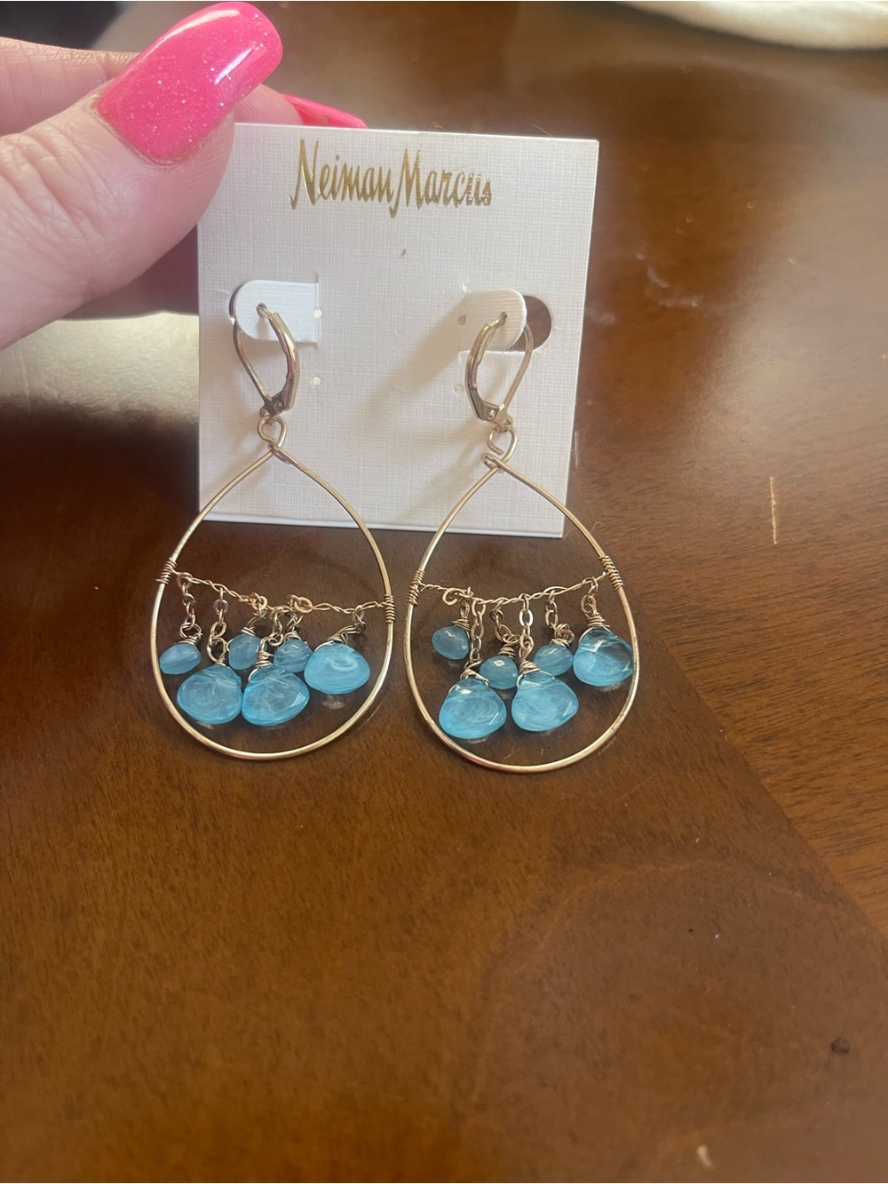 Neiman Marcus faux Gold Hoop Earrings with Blue Dangle Drops